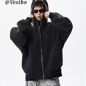 美式慵懒风外套男秋冬季hiphop复古连帽开衫卫衣大码宽松情侣上衣图片