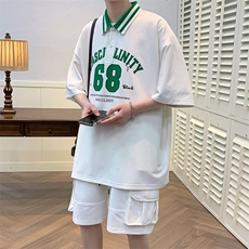 港风夏季冰丝短袖短裤两件套情侣半袖POLO衫休闲T恤套装6630-P55，男装T恤，电商A441-1
