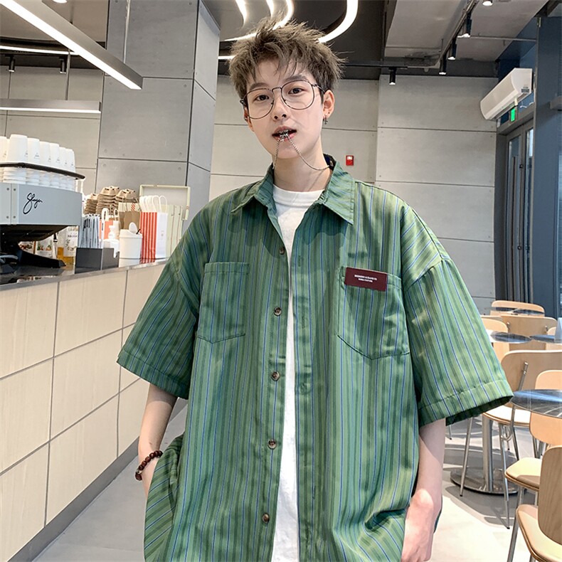 美式复古港风条纹衬衫青少年情侣宽松上衣XZ225-3-CS02-P35控48图片