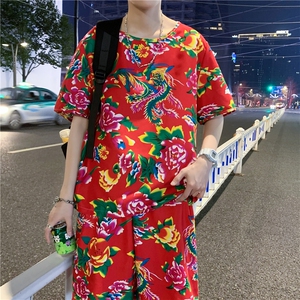 TZ203男女休闲东北大花短袖圆领T恤衫短裤可套装单选团队服风图片