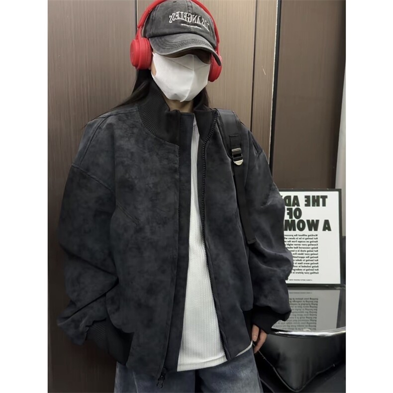 短款扎染脏脏美式复古立领PU皮夹克上衣男女同款外套JK918-特P65图片