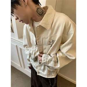 JK8971-P68 秋季新款美式做旧脏染复古翻领牛仔夹克印花宽松潮流图片