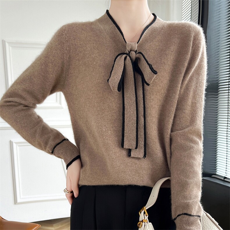 2024秋冬新款羊毛衫长袖上衣女蝴蝶结系带针织毛衣百搭显瘦，女装羊毛衫，朝辰羊绒