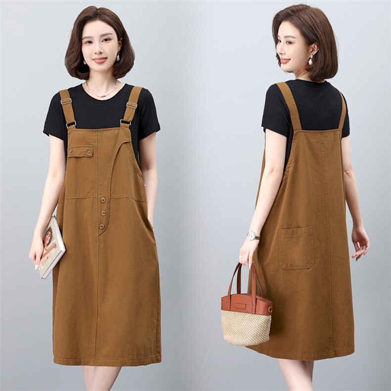 背带裙女夏季2025新款宽松大码胖mm遮肉显瘦短袖T恤两件套装裙子，女装套装/套裙，简韵佳