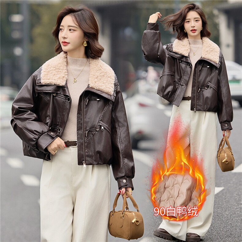 时尚羊羔毛翻领PU皮羽绒服女2025冬季新款加厚保暖白鸭绒皮衣外套,女装短外套,E百度