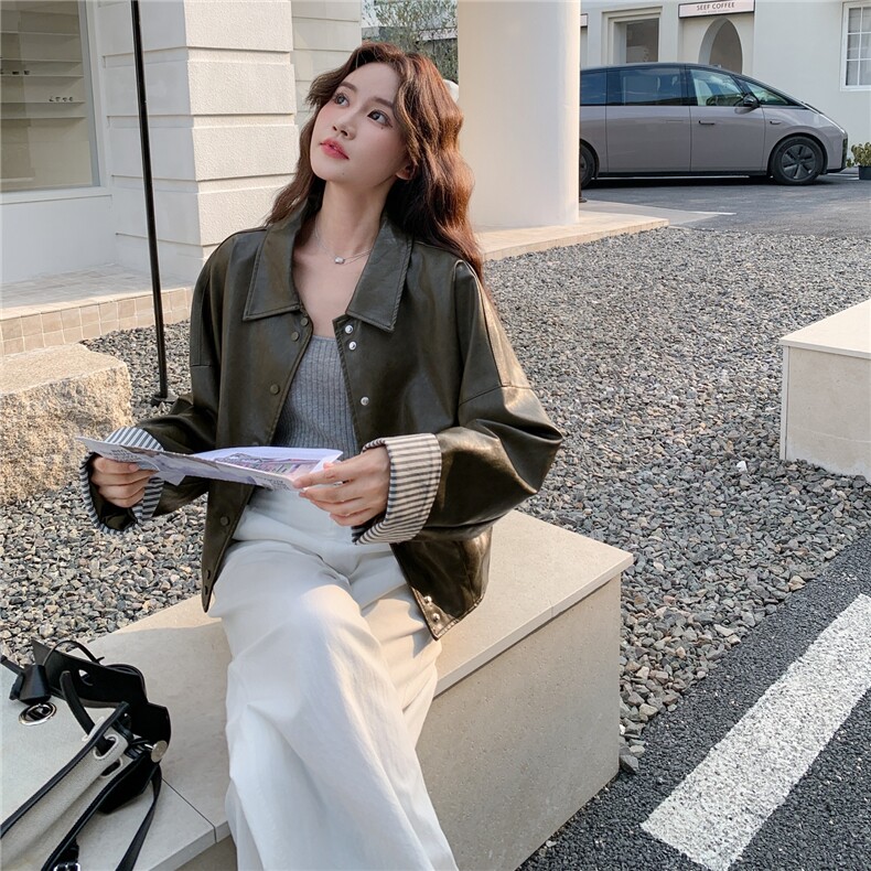 条纹拼接皮衣外套女2026秋季新款高级感炸街复古时髦机车夹克,女装短外套,2C177