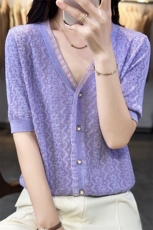 蕾丝花边拼接精纺羊毛开衫短袖女薄款V领镂空T恤半袖针织百搭外套，女装羊毛衫，朝贺羊绒