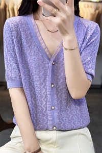 蕾丝花边拼接精纺羊毛开衫短袖女薄款V领镂空T恤半袖针织百搭外套图片