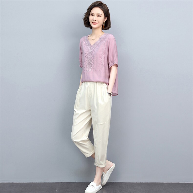 夏季套装女2025年新款中年妈妈装时尚洋气时髦百搭夏装休闲两件套,女装套装/套裙,忆绮罗