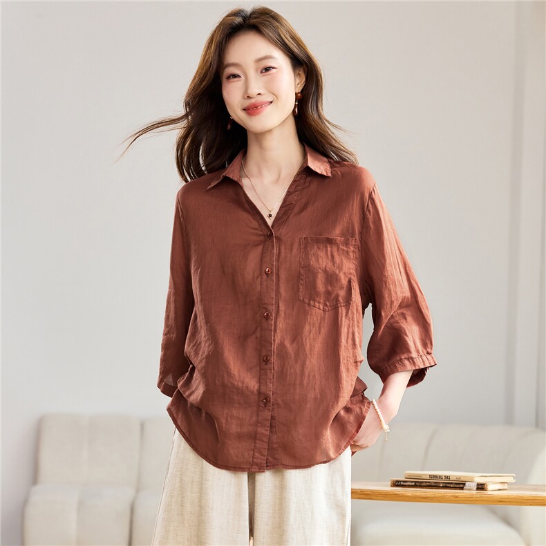 七分袖苎麻v领衬衫女春夏薄款中年妈妈大码上衣减龄洋气小衫，女装衬衫，忆绮罗
