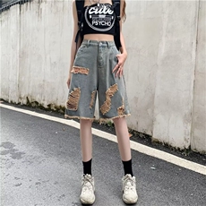 夏季薄款拼色牛仔破洞短裤子女韩版潮流宽松百搭直筒休闲五分中裤，男装牛仔裤，星座506A