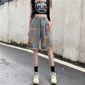 夏季薄款拼色牛仔破洞短裤子女韩版潮流宽松百搭直筒休闲五分中裤图片