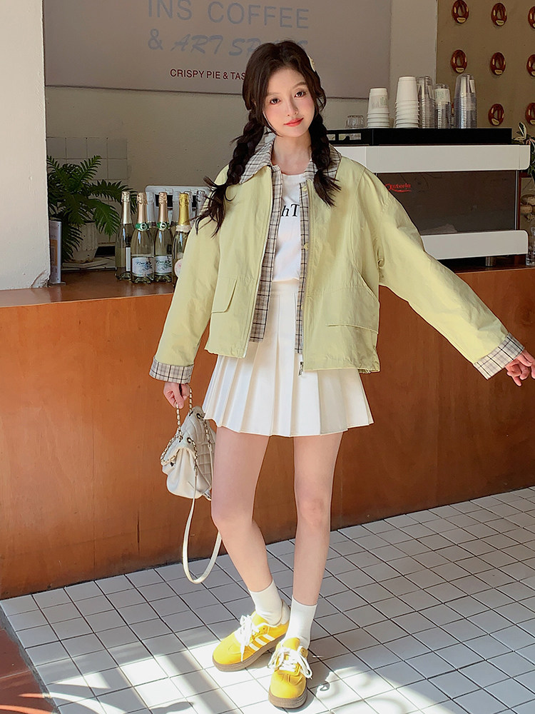 现货韩版时尚假两件短外套女洋气春秋季新款小个子显瘦工装夹克,女装短外套,韩蔻秀