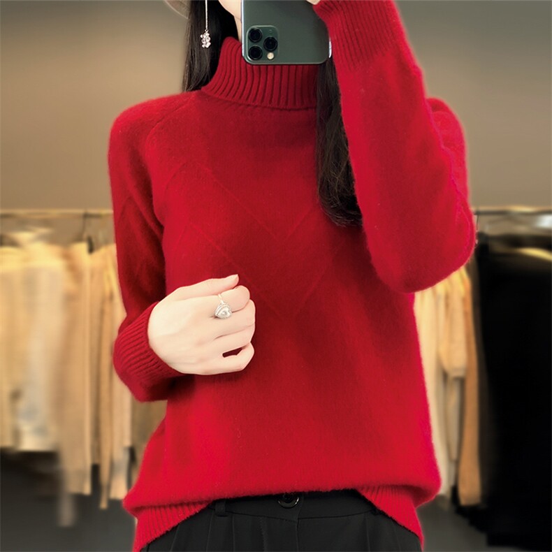 秋冬新款温柔气质高领羊毛衫女修身显瘦百搭针织毛衣外套,女装羊毛衫,暖钟情羊绒
