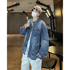美式街头风牛仔外套男潮牌百搭宽松高街休闲帅气拉链重磅夹克上衣，男装工装外套，星座410-7
