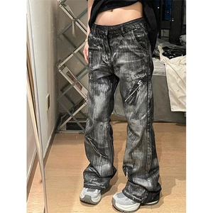 重磅水洗拉链复古牛仔裤男设计感微喇刷漆扎染裤子 N6696图片