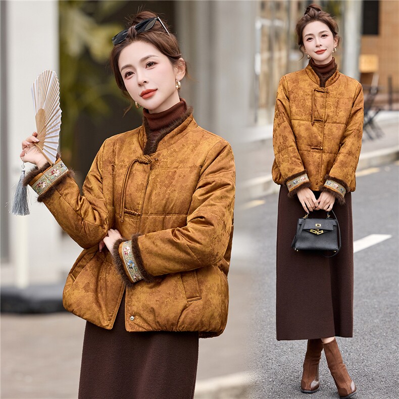 新中式绵羊毛棉服女2025年冬季新款时尚刺绣真水貂毛棉袄加厚外套，女装棉衣/棉服，拾衣