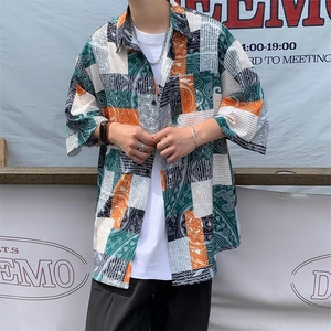 五分袖春季拼色格子衬衫青春流行ins男潮新款简约百搭潮流