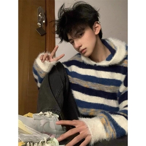 撞色条纹毛衣卫衣慵懒风高级感仿貂毛针织衫 MY127 特P65图片