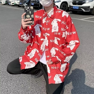 长袖日常春季动物新款原宿潮百搭慵懒青春流行潮流衬衫男日系C647图片