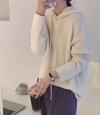 秋季羊绒衫女连帽卫衣套头带帽宽松帽衫纯色羊毛针织衫打底衫韩版，女装针织衫/毛衣，冀清阳荣