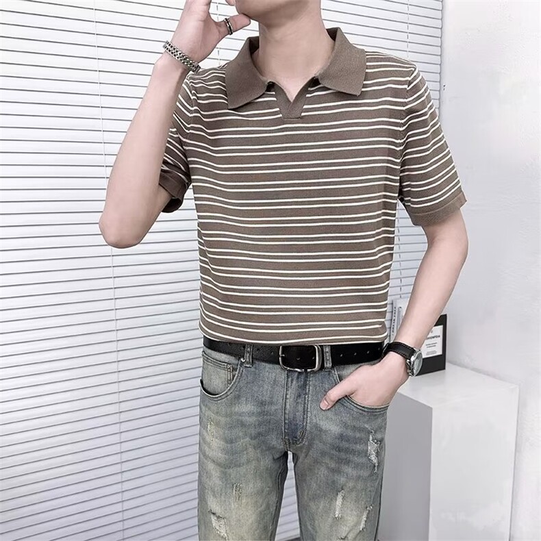 条纹标准2024夏季原宿气质新款短袖青春流行潮流男POLO衫TM24,男装T恤,星座1116A-2（原606A-1）