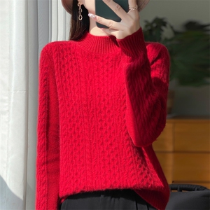 重磅加厚绞花100%羊毛针织打底衫女半高领套头长袖保暖内搭毛衣新图片