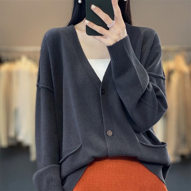 时尚百搭宽松羊毛开衫女秋冬季新款V领长袖针织衫外套上衣,女装羊毛衫,绒迪羊绒
