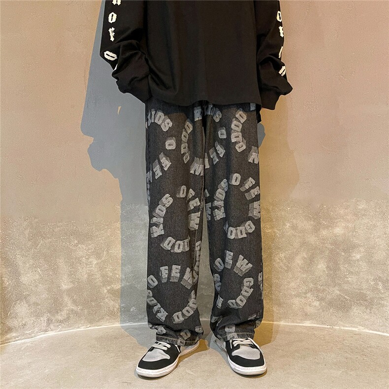 推荐！港风宽松潮流直筒牛仔长裤男女B377-N679-P4558，男装休闲裤，电商B377