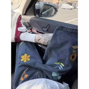 彩色豹纹拼皮十字架牛仔裤女春夏复古直筒洋气休闲裤 N5663图片