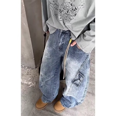 美式高级感复古蓝弯刀牛仔裤男拼接休闲宽松阔腿长裤LL863-P56，男装牛仔裤，星座1008