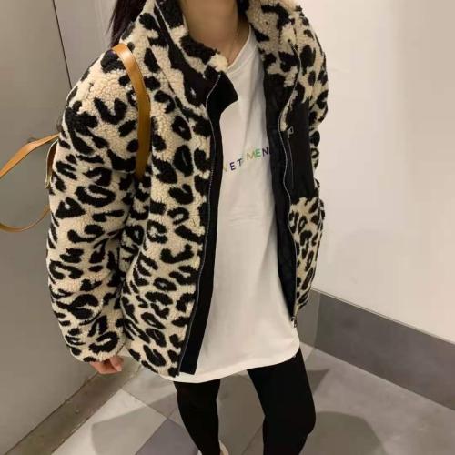 DG836潮牌豹纹立领仿羊羔毛外套,女装,L·H·X