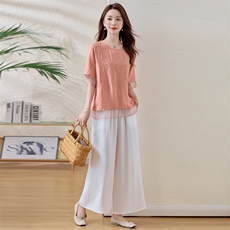 新中式国风套装女2025夏季新款高级感气质显瘦上衣阔腿裤两件套，女装套装/套裙，魅影