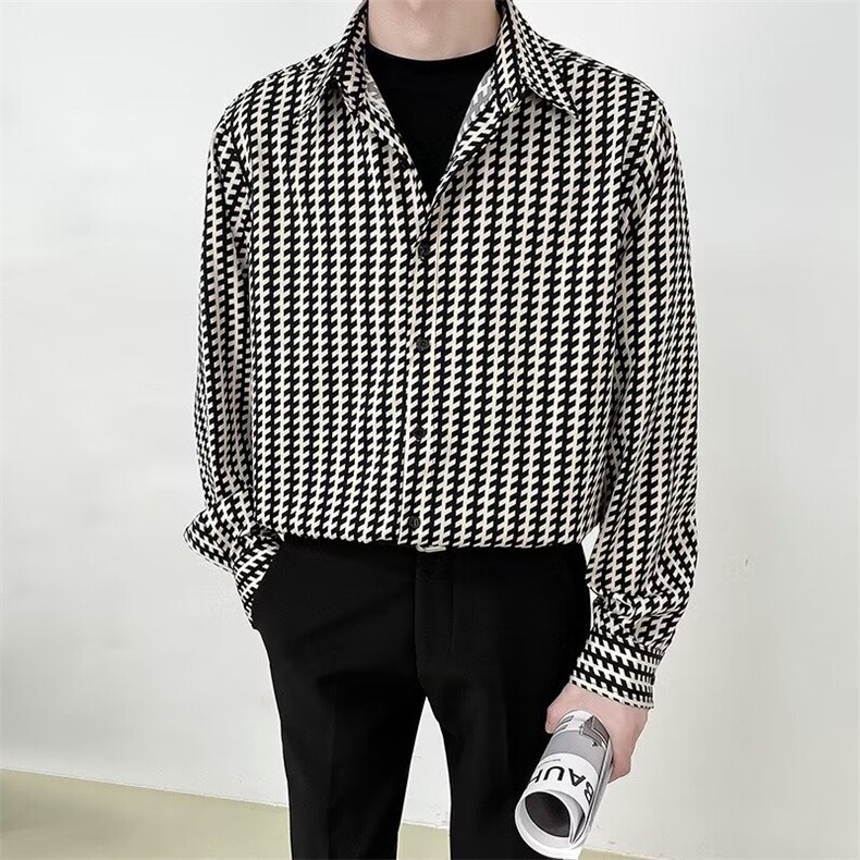 高级感长袖衬衫男潮牌痞帅千鸟格上衣服男装春秋季潮流休闲小衬衣,男装衬衫,星座715-4