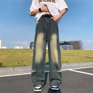 美式破洞撞色牛仔裤男宽松直筒高街嘻哈阔腿裤长裤 GK643-P45图片