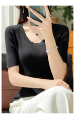 夏季新款精纺针织短袖女撞色条纹Polo领刺绣减龄T恤上衣薄款，女装T恤，九嘉羊绒