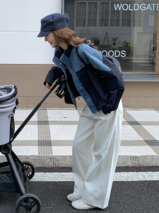 韩系撞色牛仔拼接外套女2025秋季新款小个子宽松休闲百搭夹克上衣图片