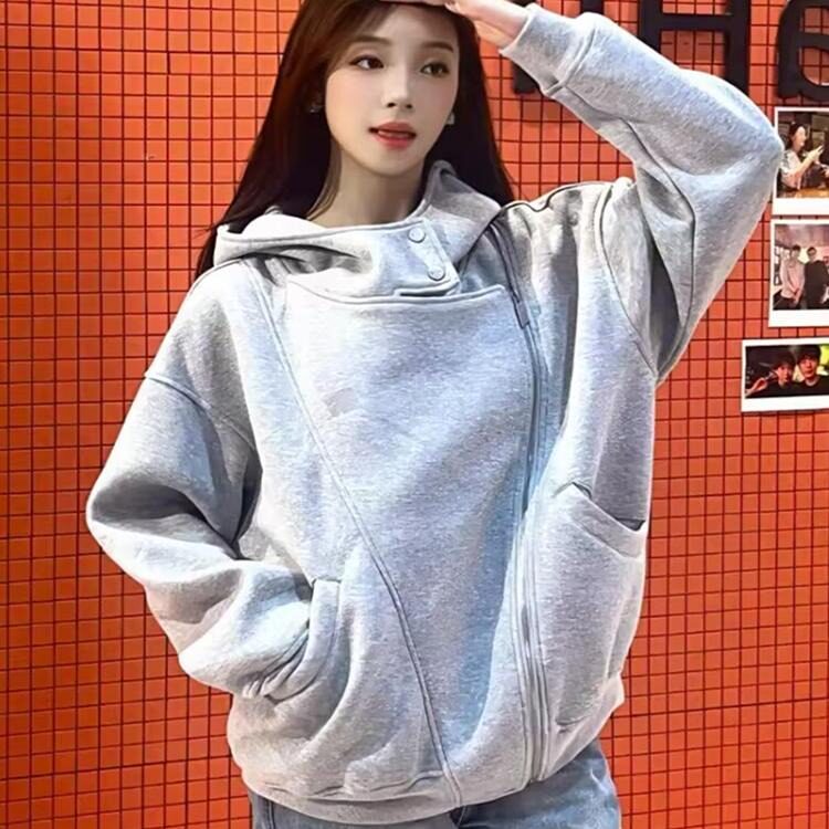 美式慵懒风双拉链连帽卫衣外套女秋季设计感宽松休闲百搭开衫上衣,女装短外套,星座1210-1
