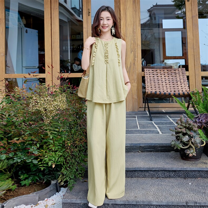 轻熟风时尚套装女2025夏季新款遮肉显瘦无袖背心垂坠拖地裤两件套,女装套装/套裙,难舍钰依
