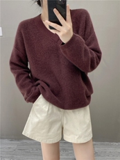 秋冬羊绒毛衣宽松羊绒针织慵懒显瘦上衣时尚长袖羊绒软糯圆领罩衫，女装羊绒衫，织绒羊