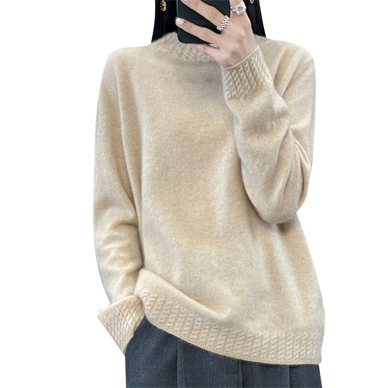 秋冬新款宽松显瘦百搭简约绞花纹半高领羊毛衫,女装羊毛衫,吉高羊绒