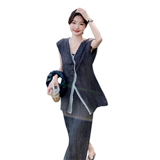 【现货新品】法式白边扎染气质无袖马甲半裙套装F533-P165-K228，女装套装/套裙，2C255