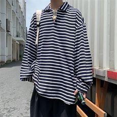 2021日系潮流复古牛角扣卫衣休闲宽松条纹长袖POLO衫W1841-P33，男装卫衣，星座512-2