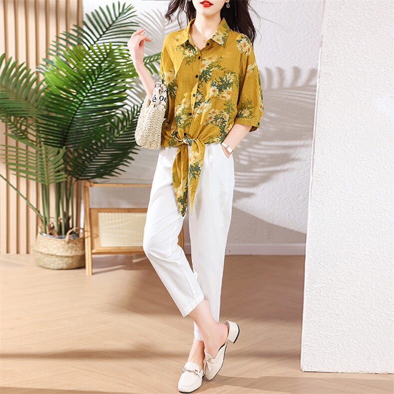 2023夏季新款优雅气质小方领简约时尚休闲舒适套裤，女装套装/套裙，超帛