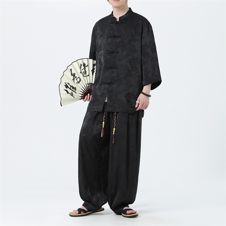 新中式时尚套装男七分袖衬衫2025夏季新款风休闲裤TZ100-P110,男装休闲套装,电商A008
