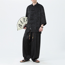 新中式时尚套装男七分袖衬衫2025夏季新款风休闲裤TZ100-P110，男装休闲套装，电商A008