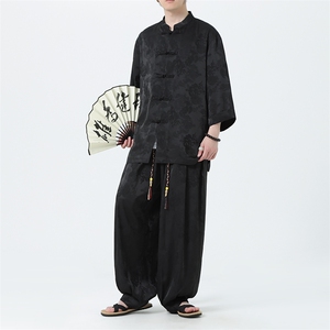 新中式时尚套装男七分袖衬衫2025夏季新款风休闲裤TZ100-P110图片