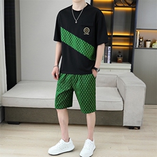 2025新款夏季男装男士运动休闲套装宽松短袖T恤华夫格短裤两件套，男装休闲套装，星座1801