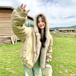 气质大毛领连帽派克服外套女冬季2025新款超好看流行爆款加厚棉服图片