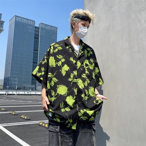 ins美式复古设计感古巴领短袖花衬衫男 夏季宽松痞帅衬衣图片